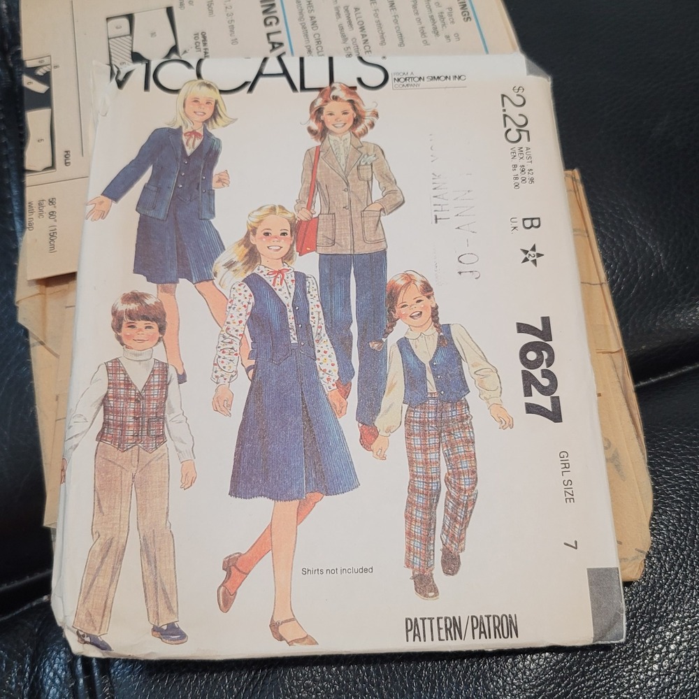 Vintage 1981 McCalls 7627 Girls Blazer Vest Skirt Pants Sewing Pattern Size 7